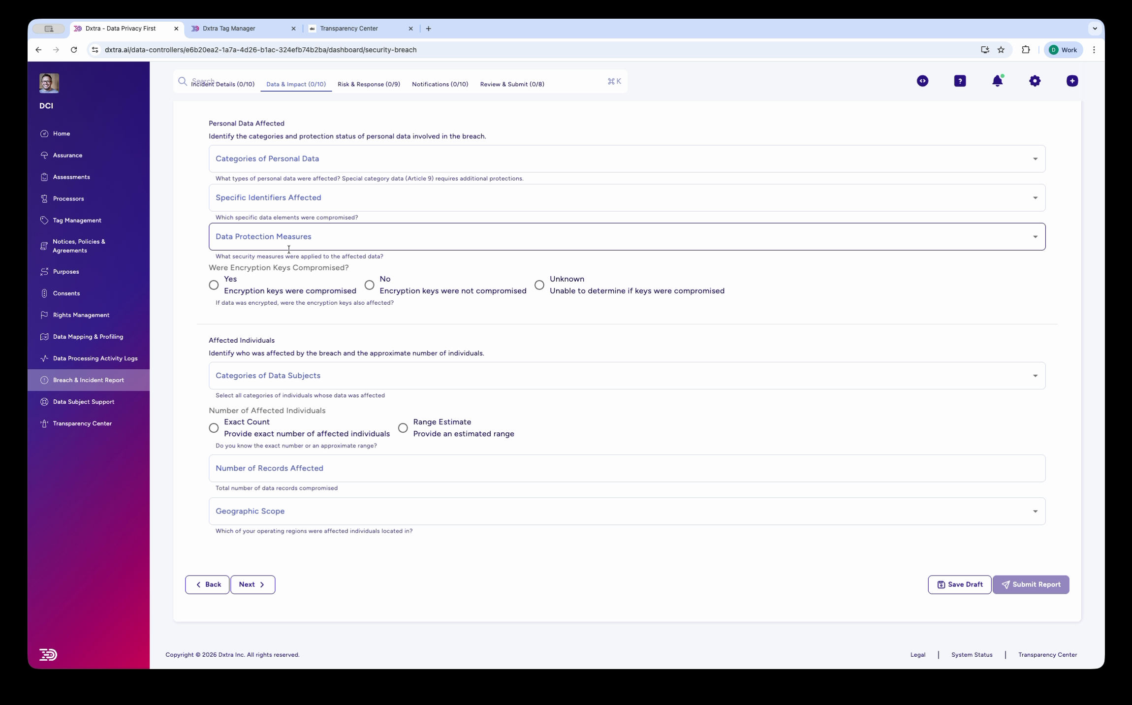 Step 2 Data & Impact showing personal data categories, encryption status, and affected individuals