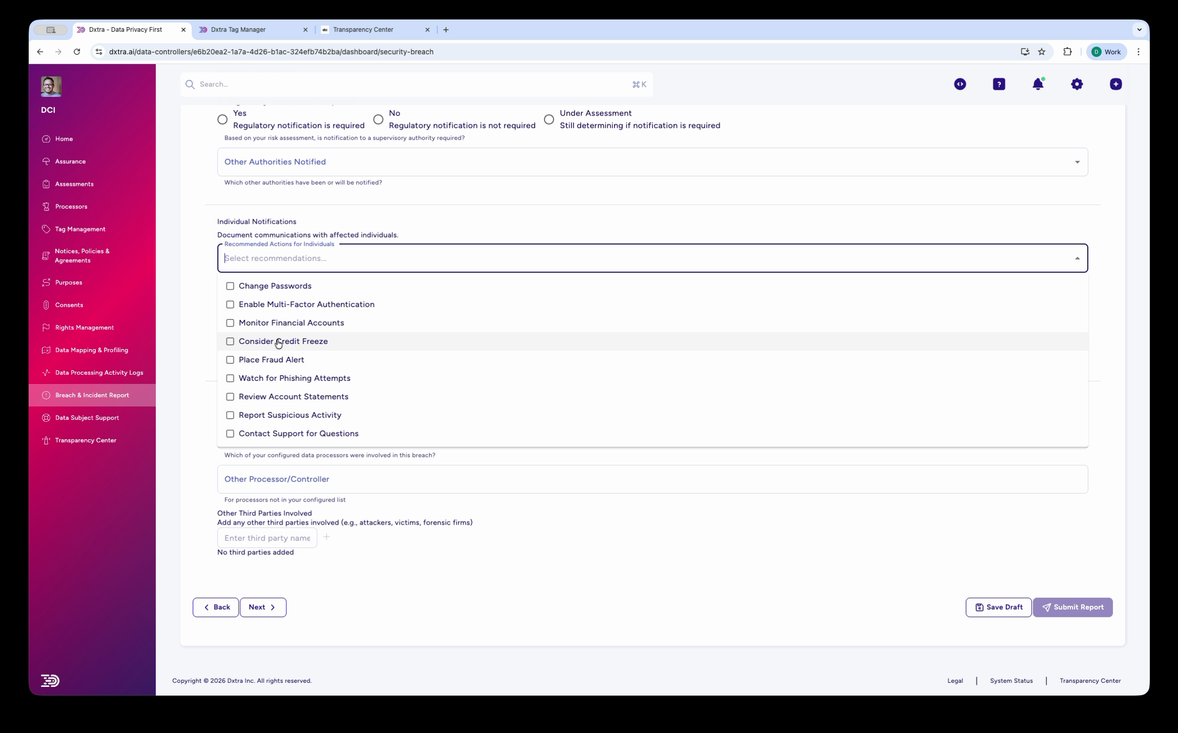 Step 4 Notifications showing regulatory notification options and individual notification checklist