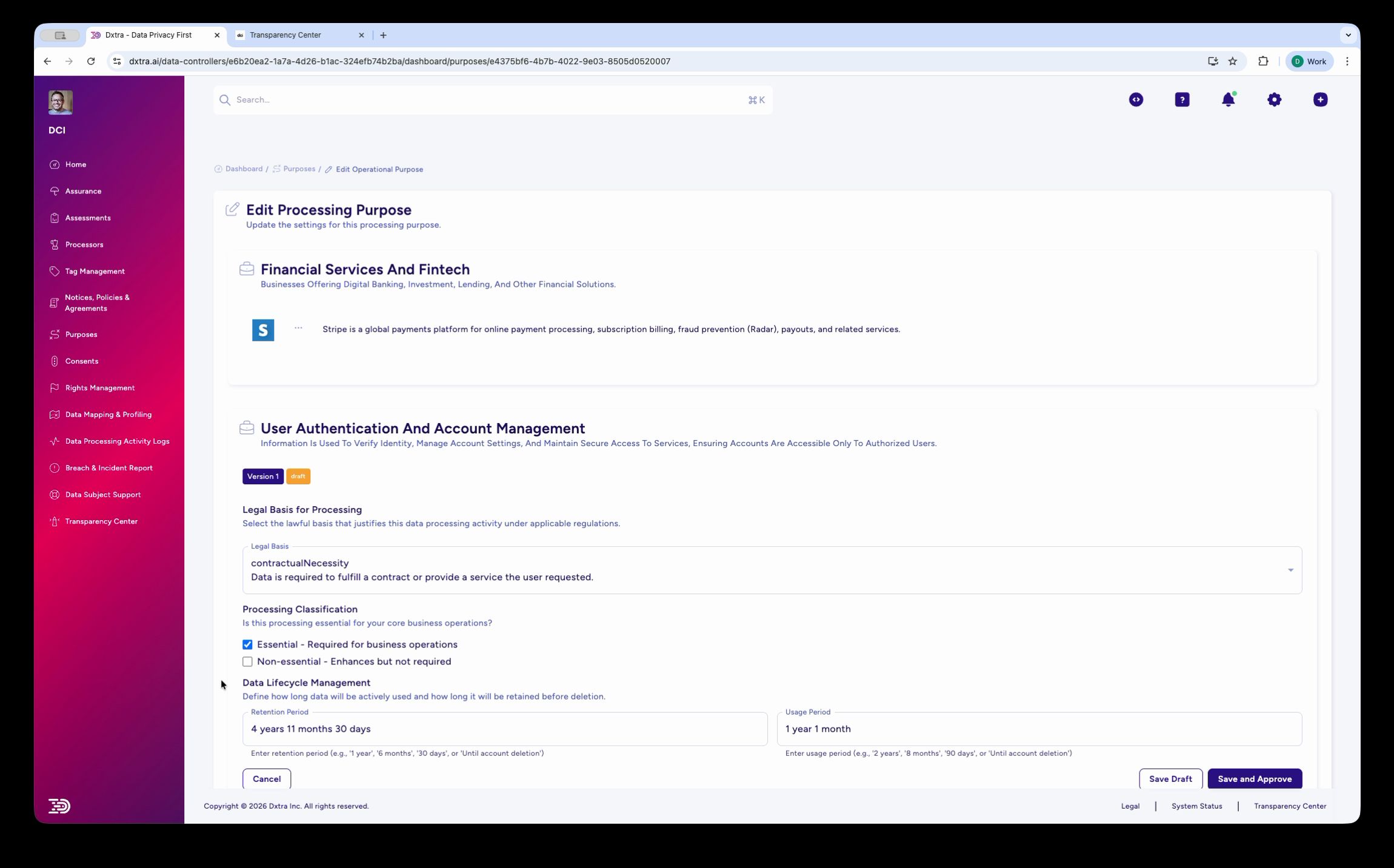 Edit Processing Purpose page showing legal basis, processing classification, and retention management fields