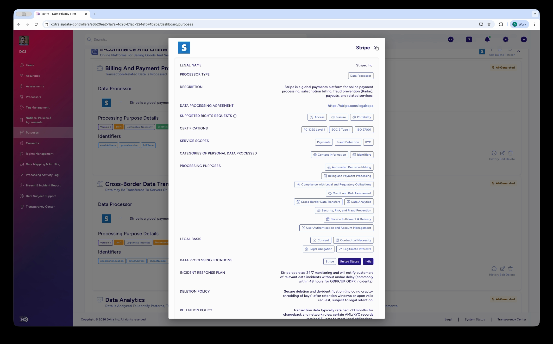 Data processor detail modal showing legal name, description, certifications, processing purposes, and legal basis
