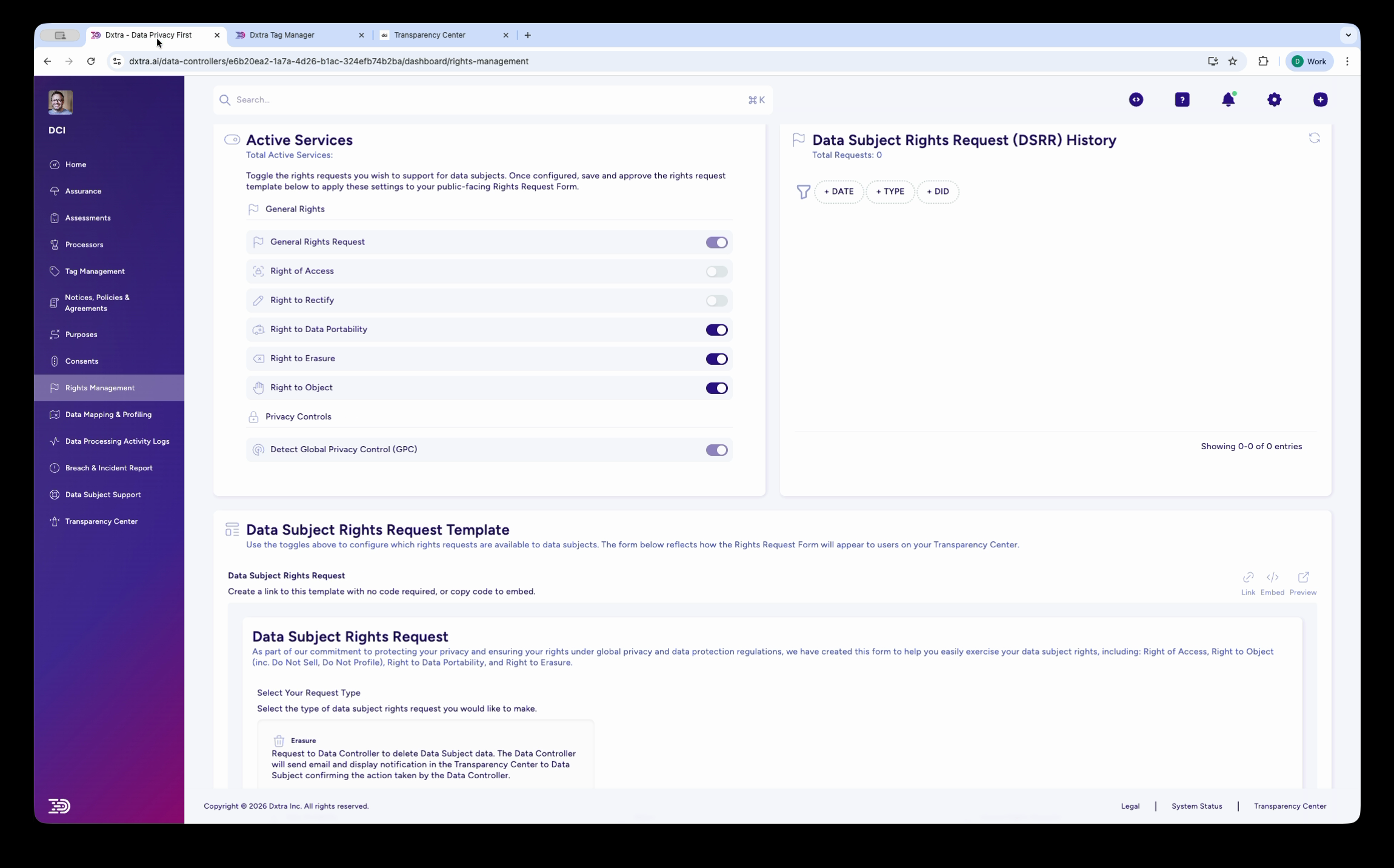 Admin Rights Management page showing DSRR History with filter controls