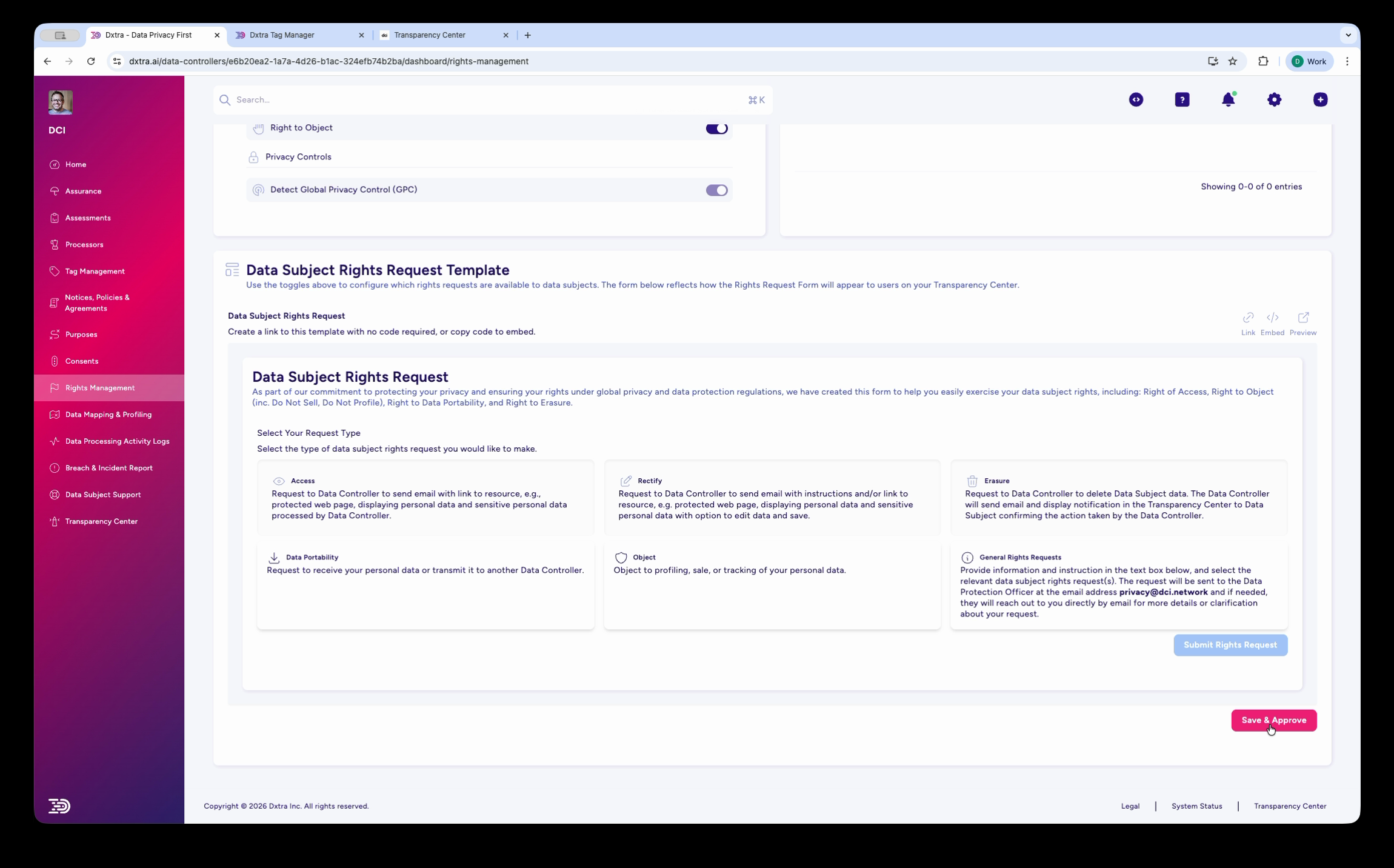 DSRR template showing six request type cards: Access, Rectify, Erasure, Data Portability, Object, General Requests