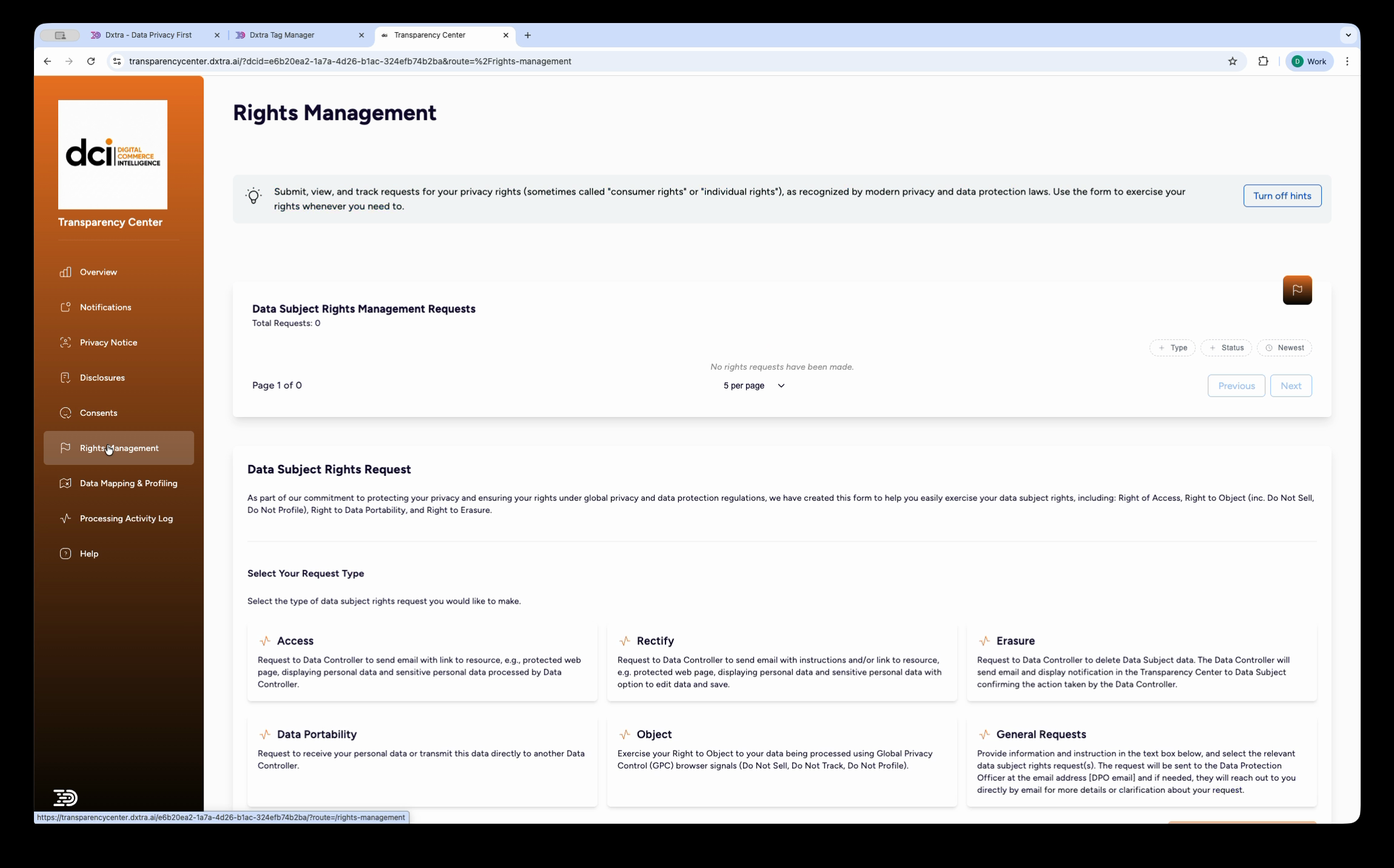 Transparency Center Rights Management page showing request types and submission form