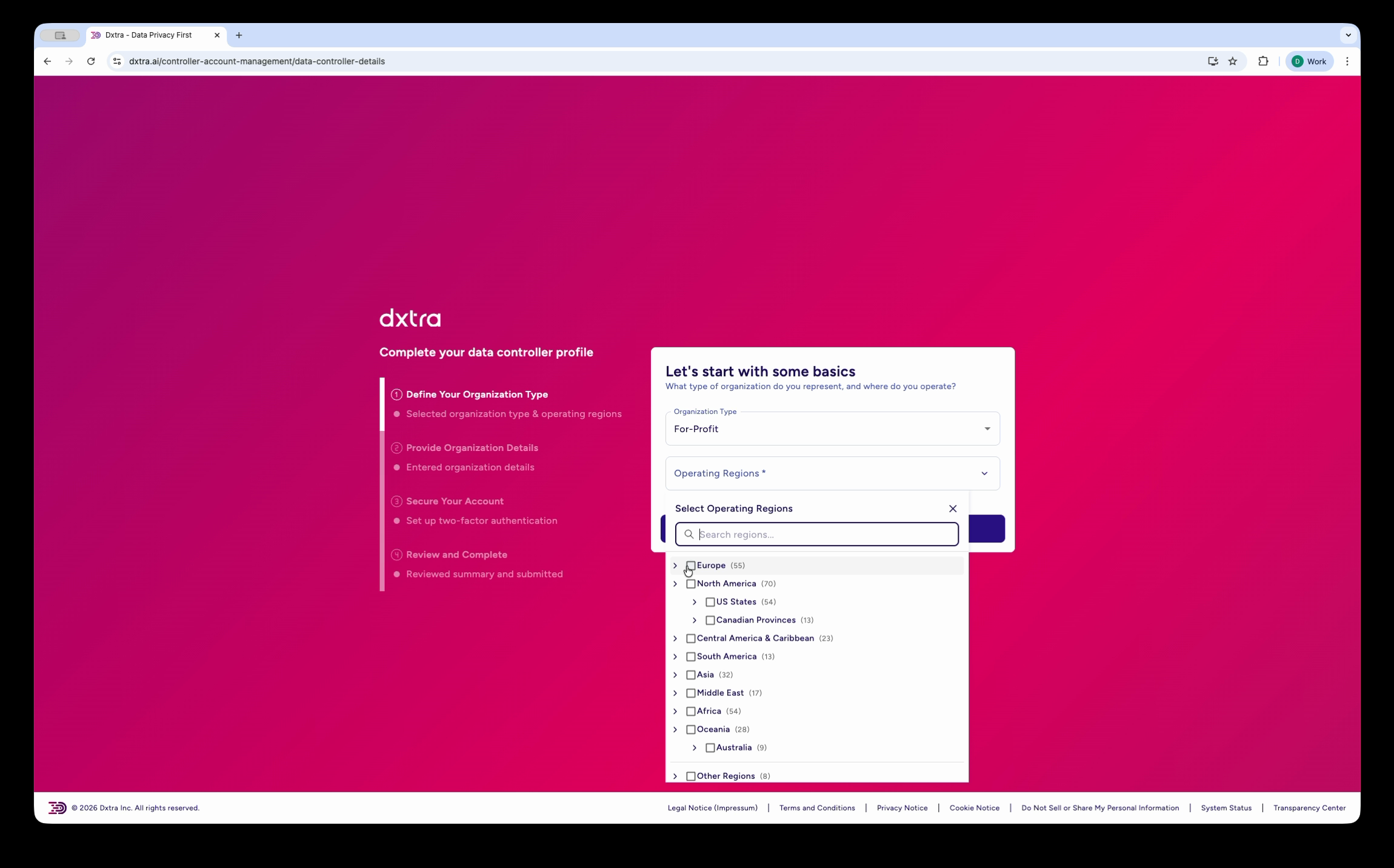 Setup wizard showing organization type and operating regions selection with region checkboxes