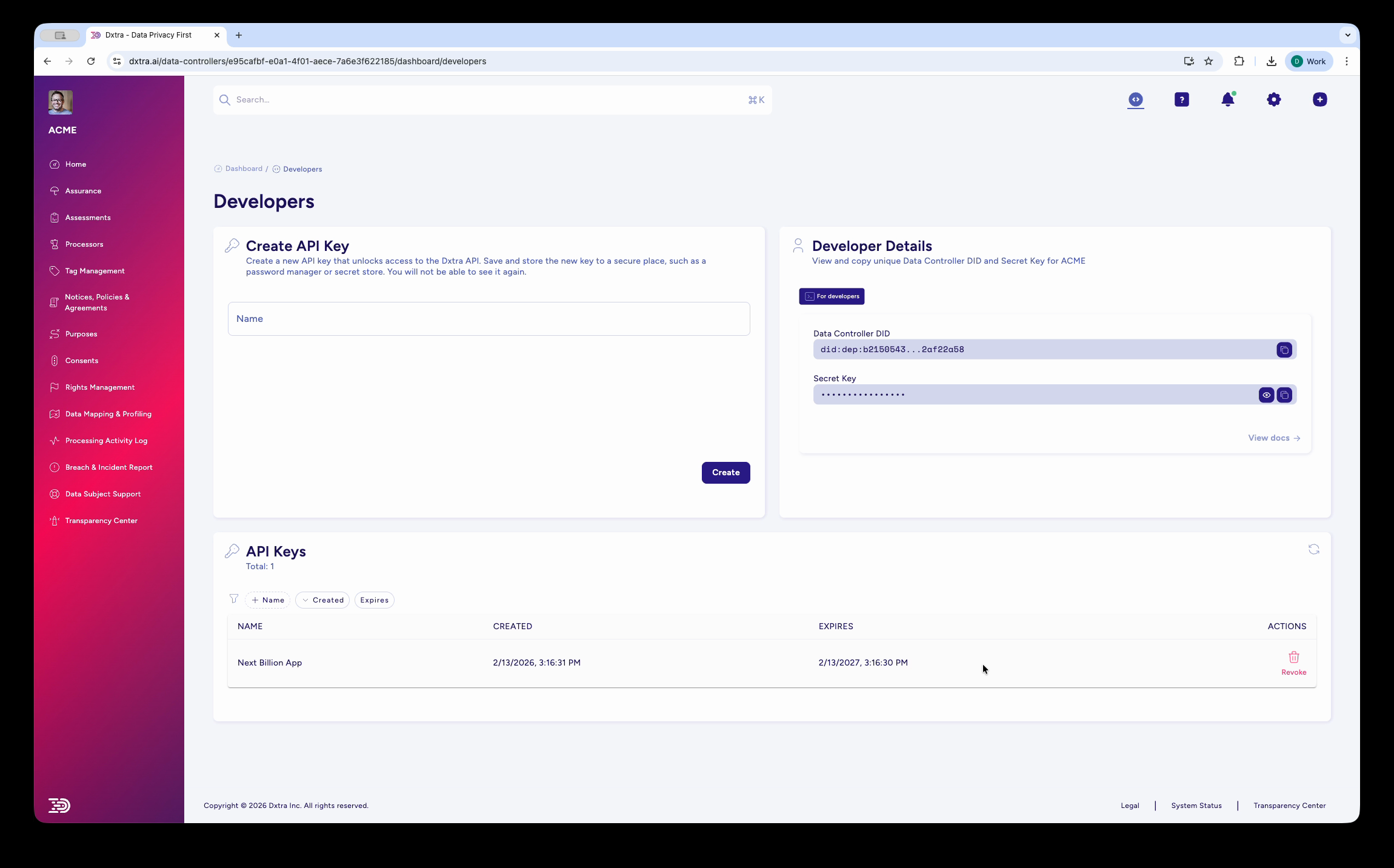 Developers page showing DID, Secret Key, and API key management