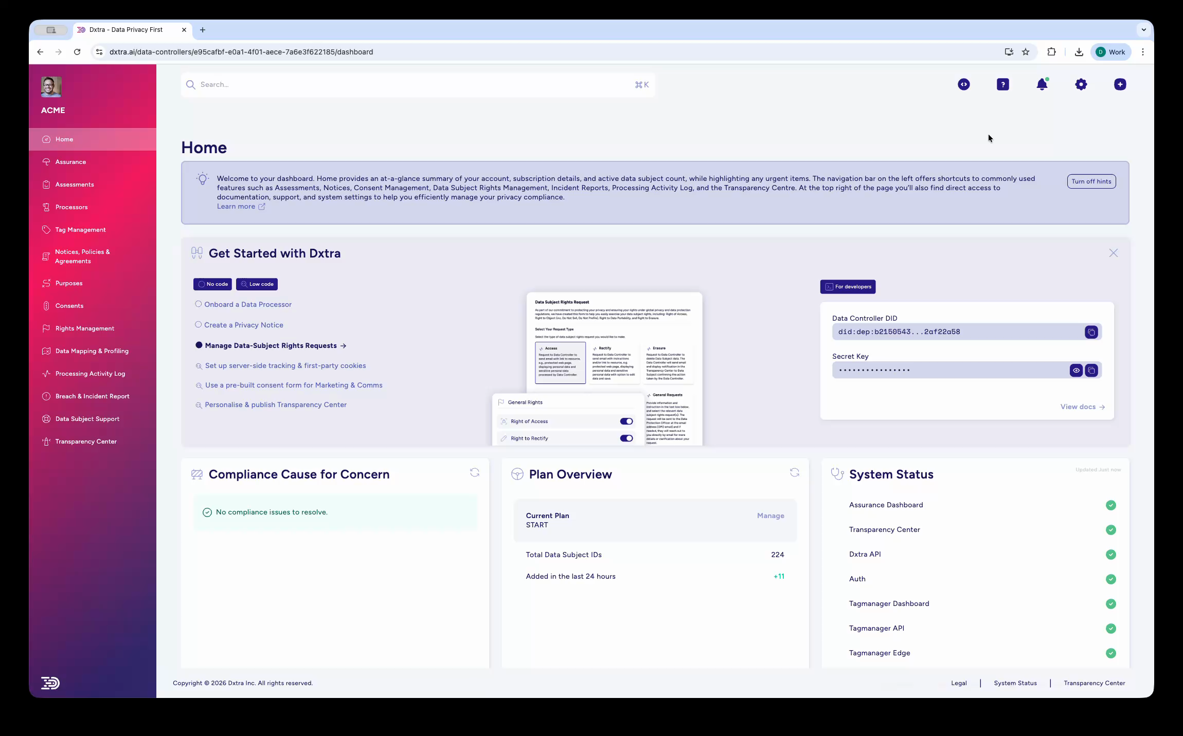 Dxtra home dashboard showing the Get Started checklist, compliance status, plan overview, and system status