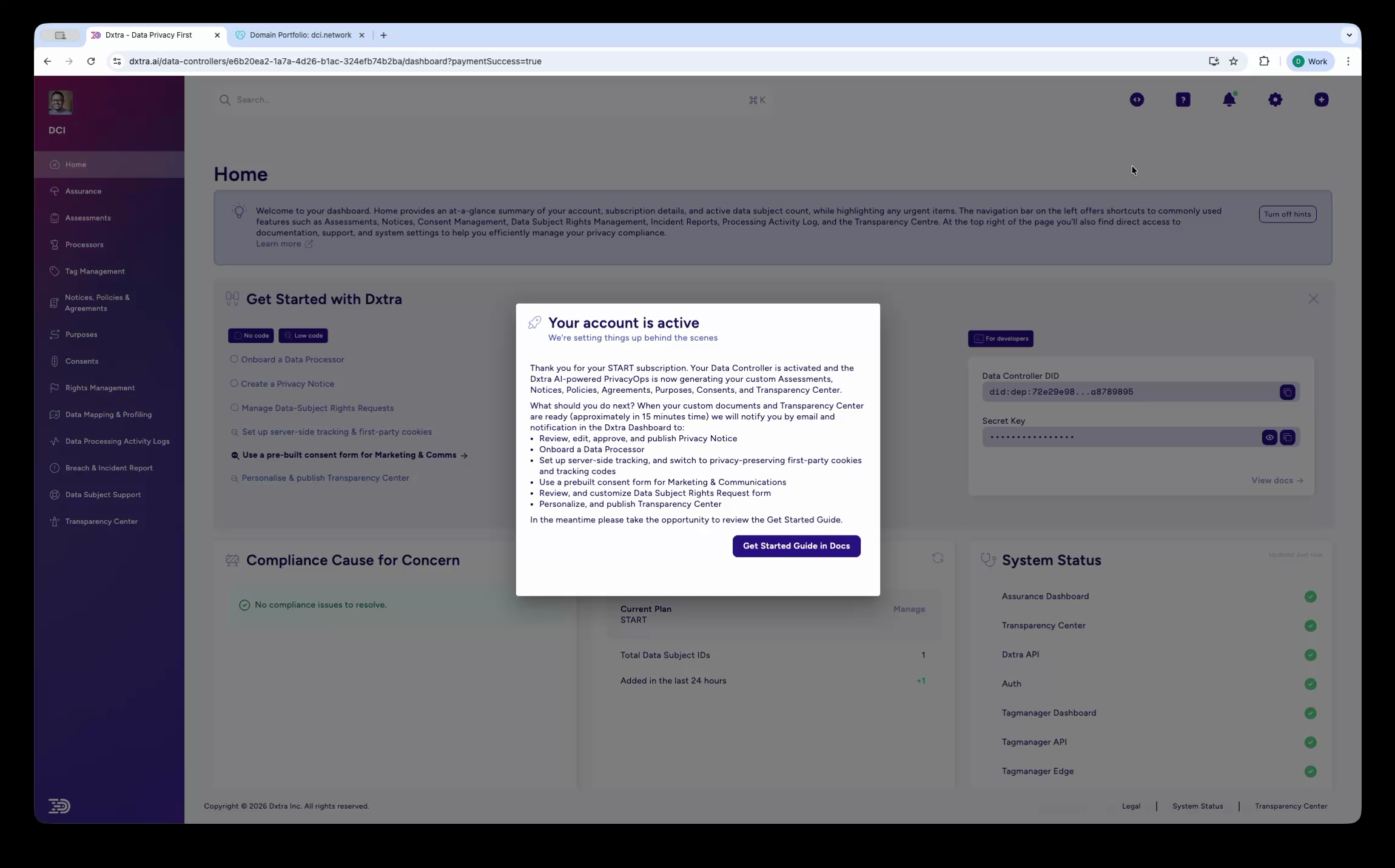 Post-setup welcome modal confirming account activation and AI generation in progress