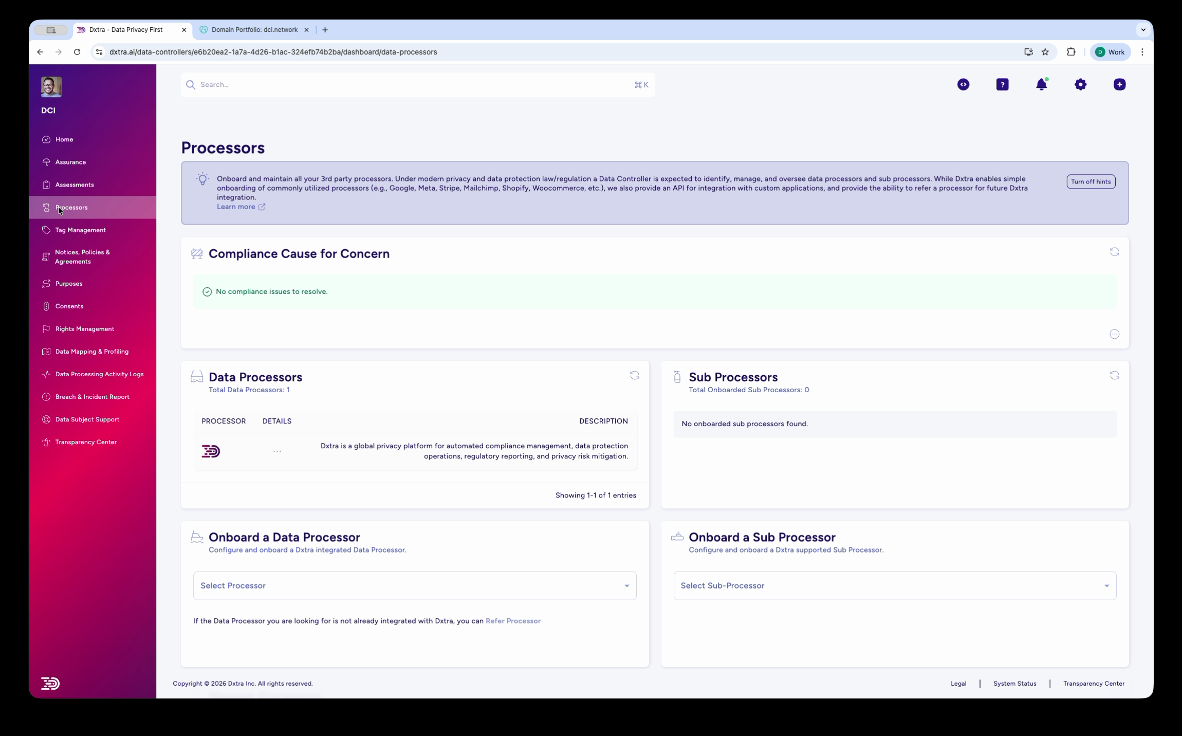 Processors page showing processor management with onboarding options