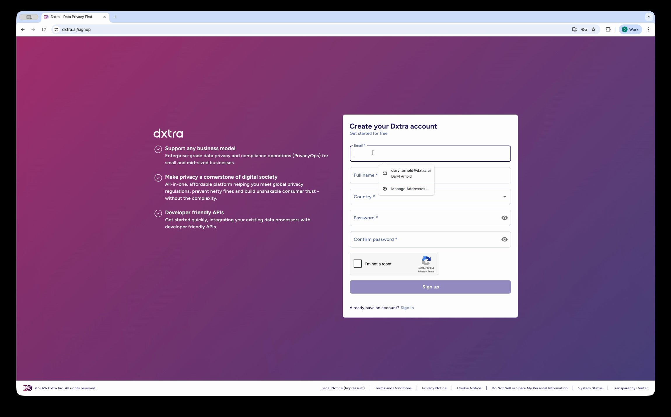Dxtra signup page showing value propositions and account creation form