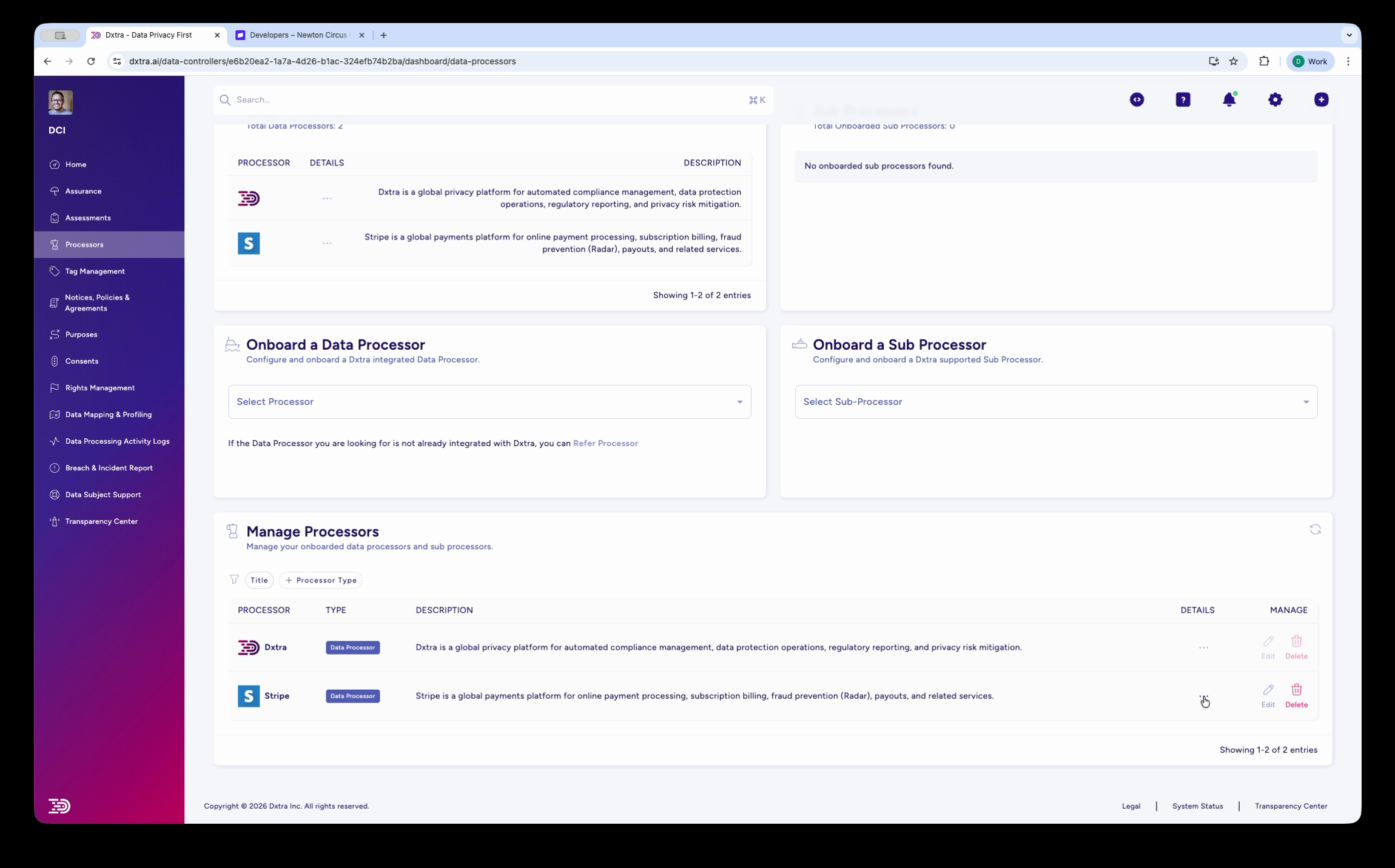 Manage Processors table showing connected Shopify