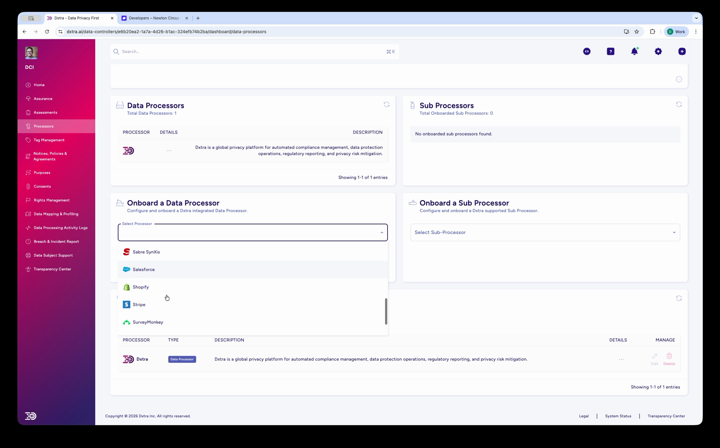 Select Processor dropdown with Shopify visible