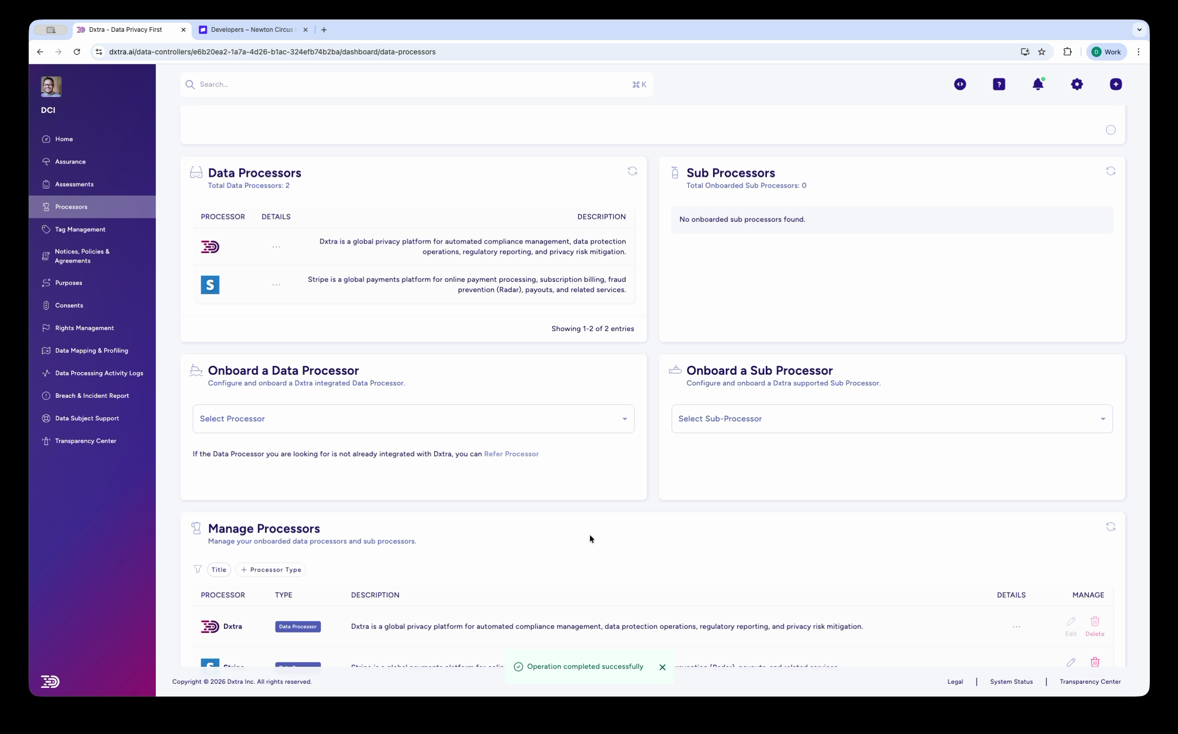 Processors page after successful onboarding showing two processors with Interconnected status