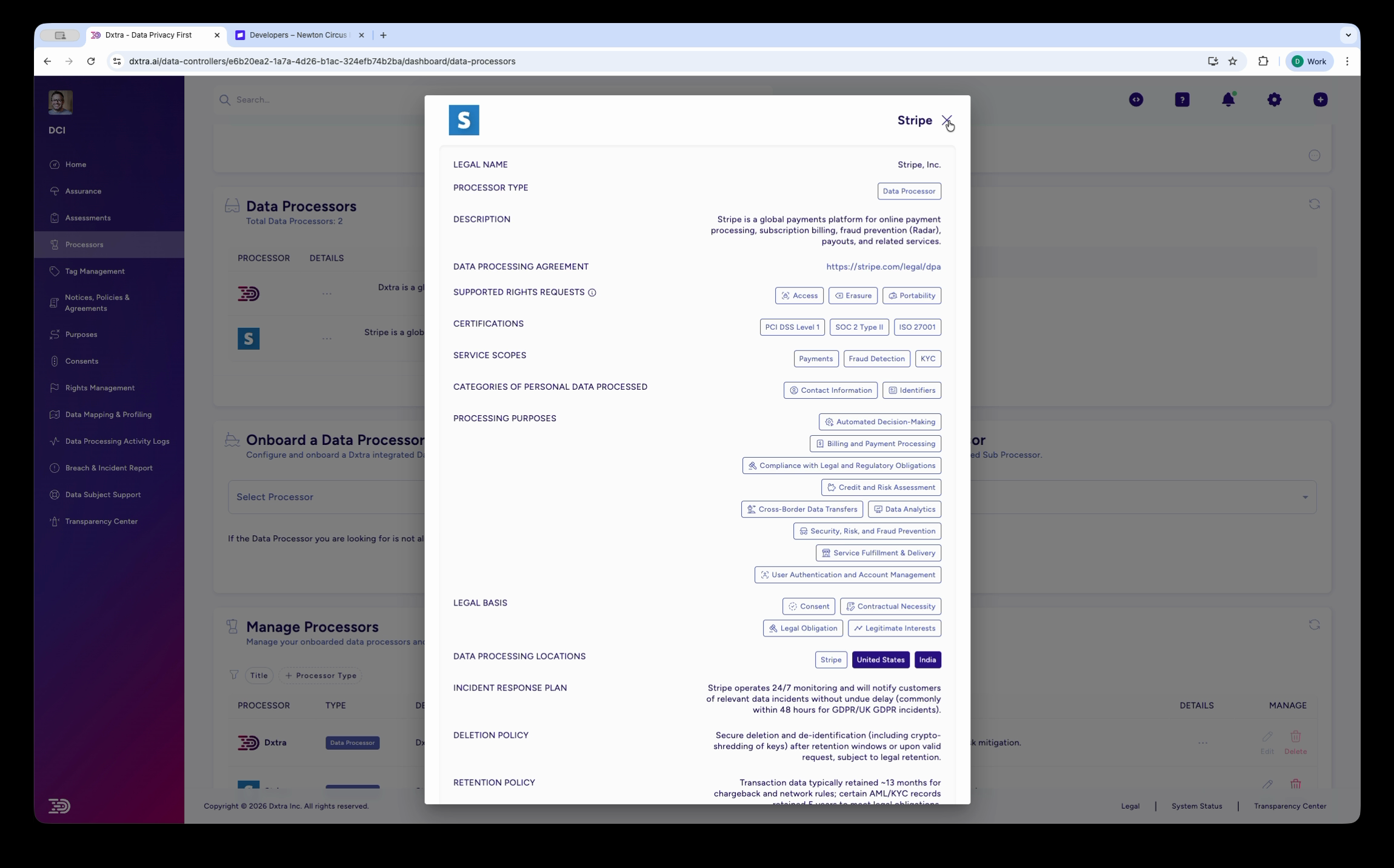 Processor details panel for Stripe showing DPA link, certifications, processing purposes, and data locations
