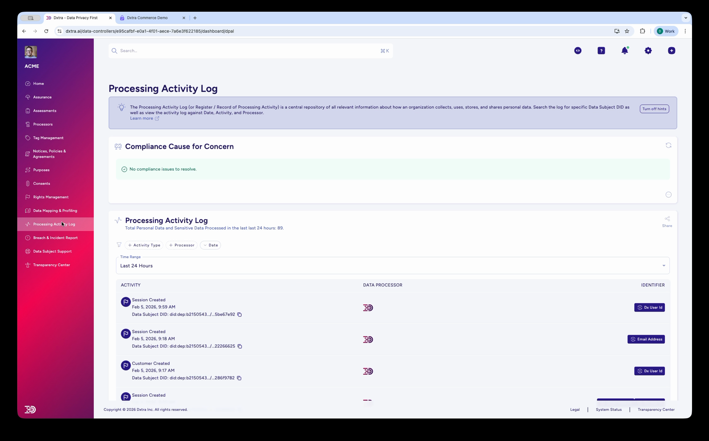 Processing Activity Log