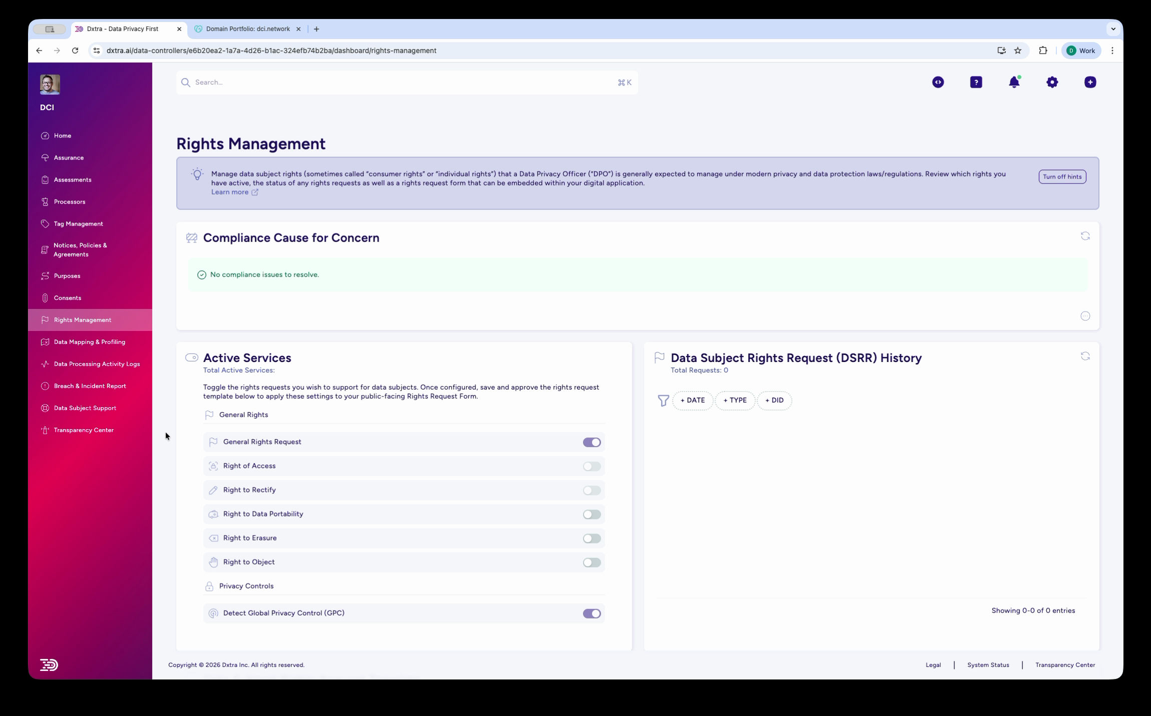 Rights Management page with Active Services and DSRR History