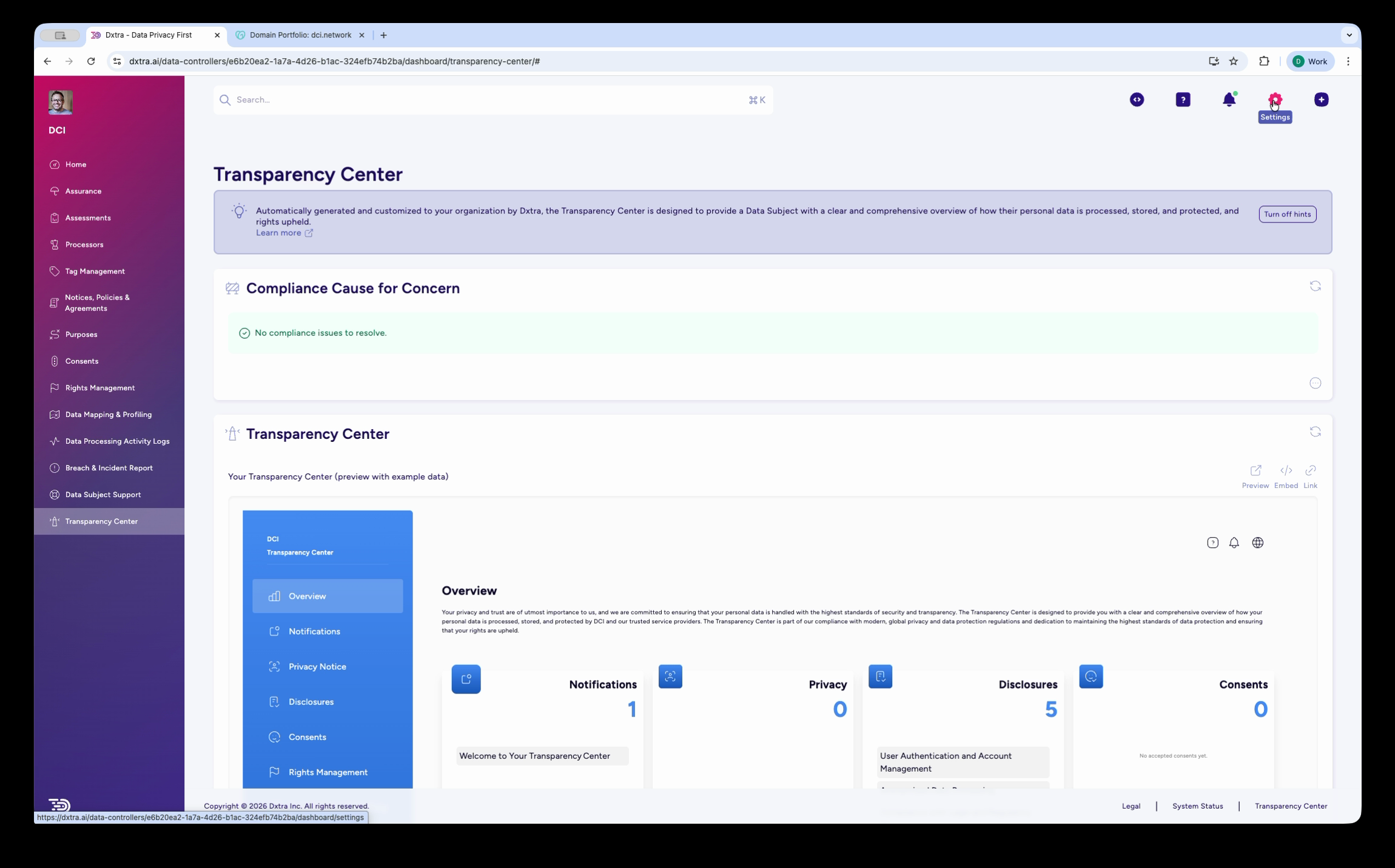 Transparency Center admin page with preview