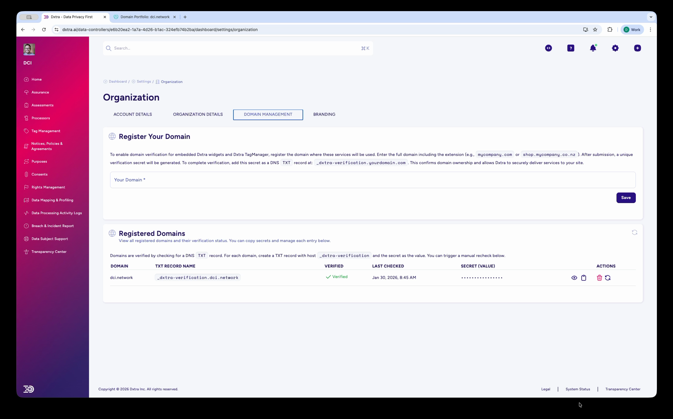 Domain verified with green checkmark and last checked date