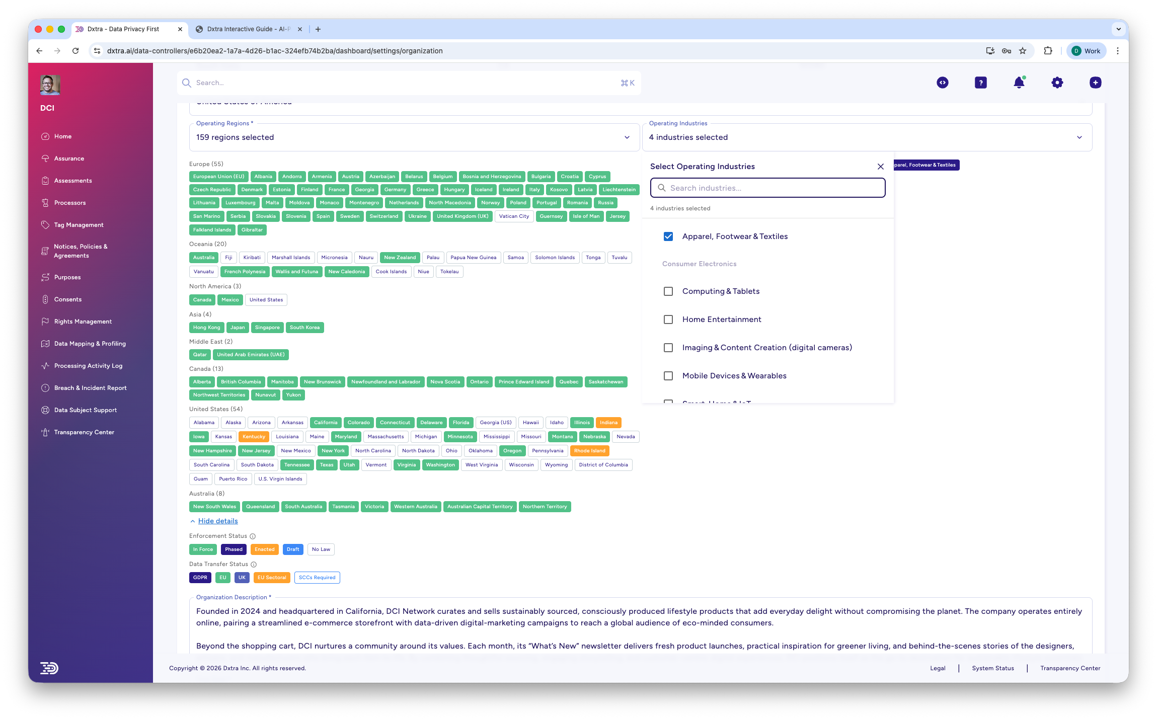 Select Operating Industries modal with checkboxes