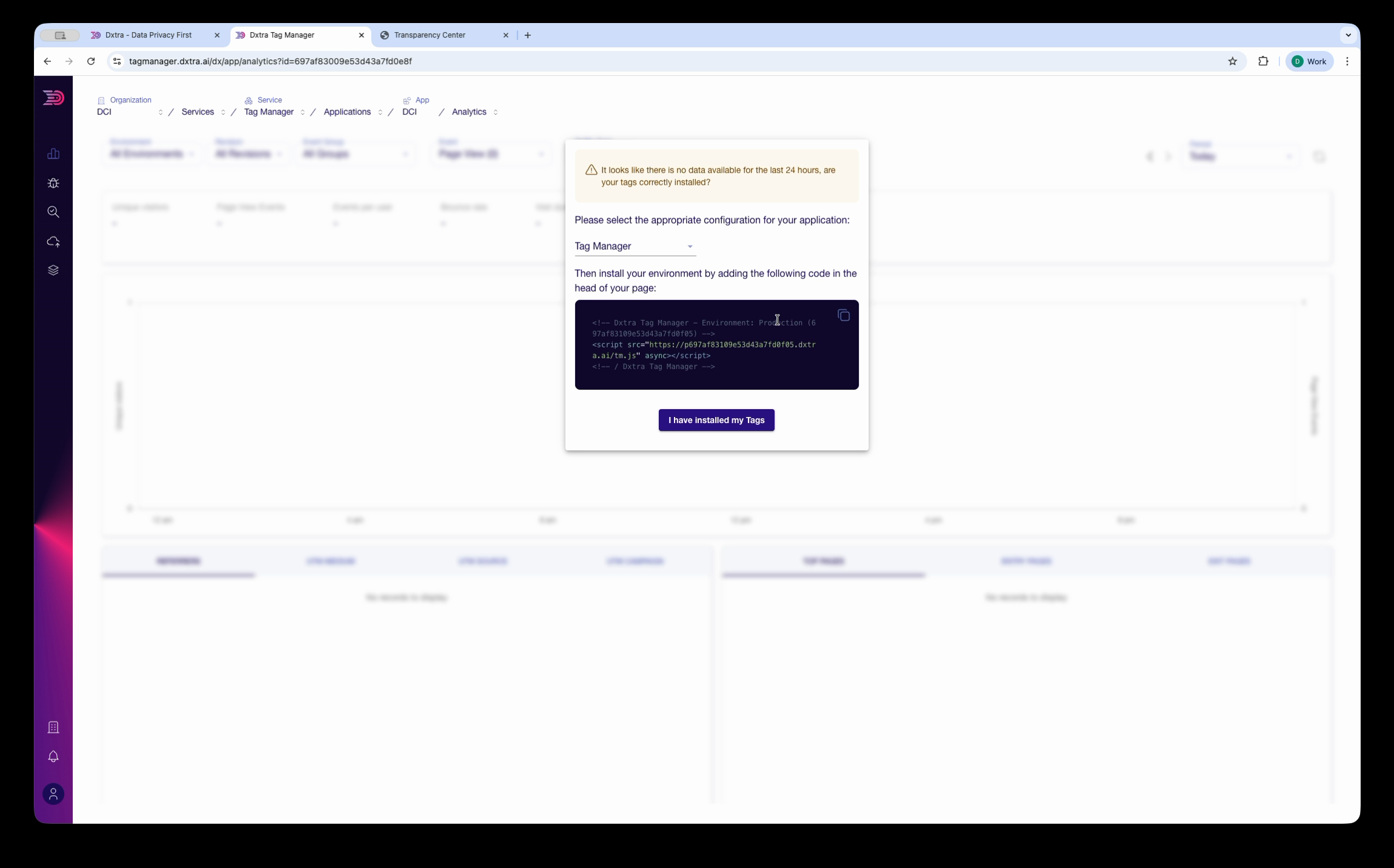 Tag Manager application view showing the installation script dialog