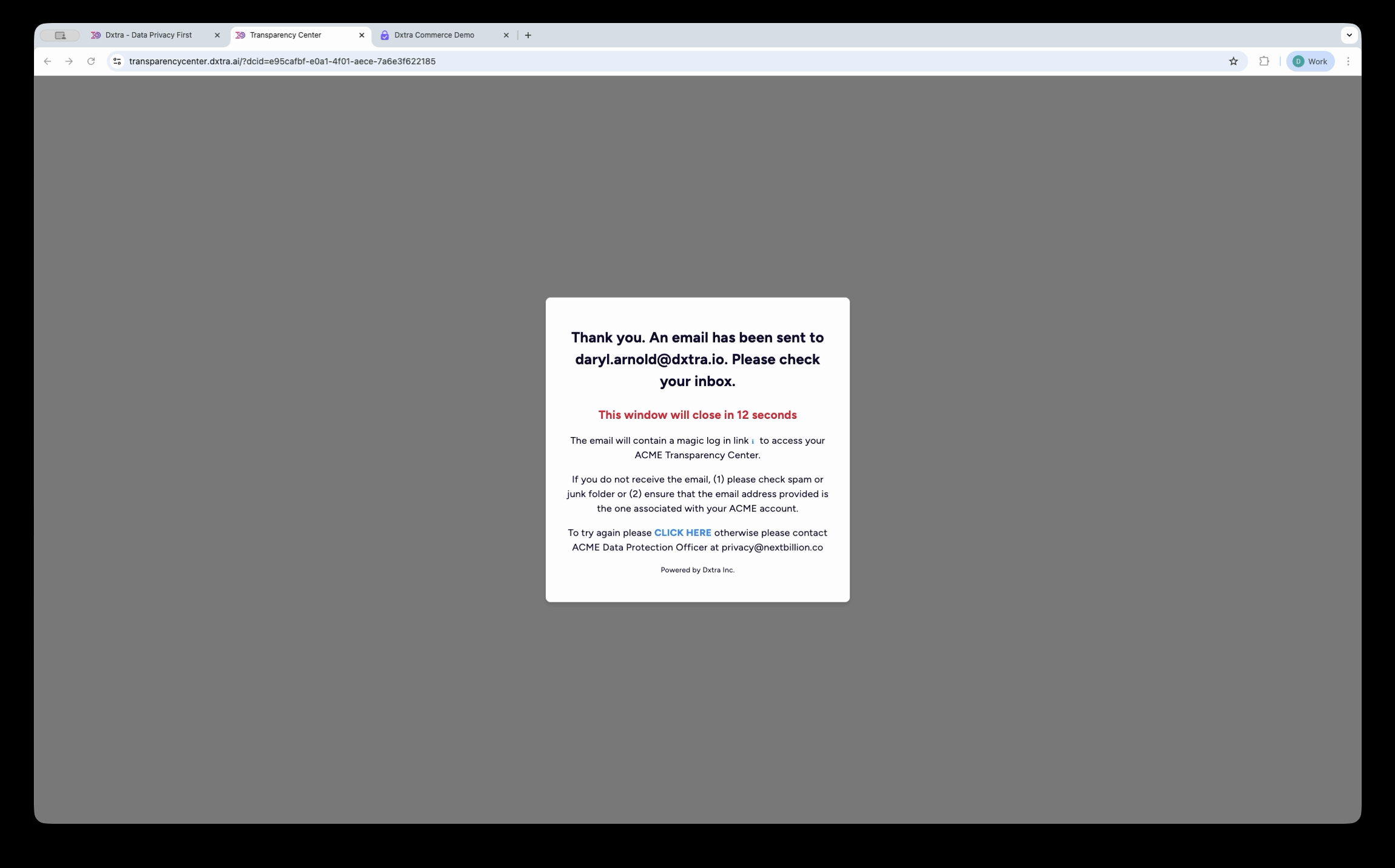 Magic link authentication screen confirming an email has been sent